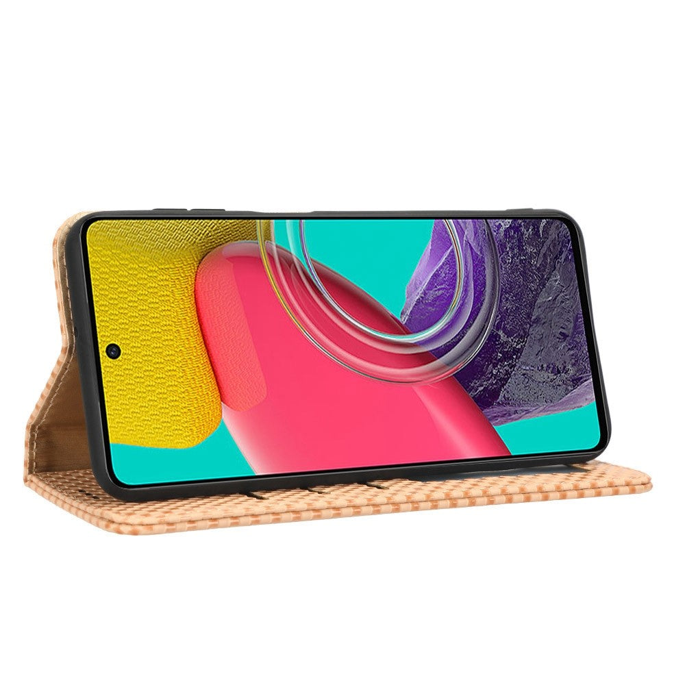 For Samsung Galaxy M53 5G PU Leather Wallet Case Magnetic Absorption Grid Texture Flip Folio Stand Phone Cover - Beige