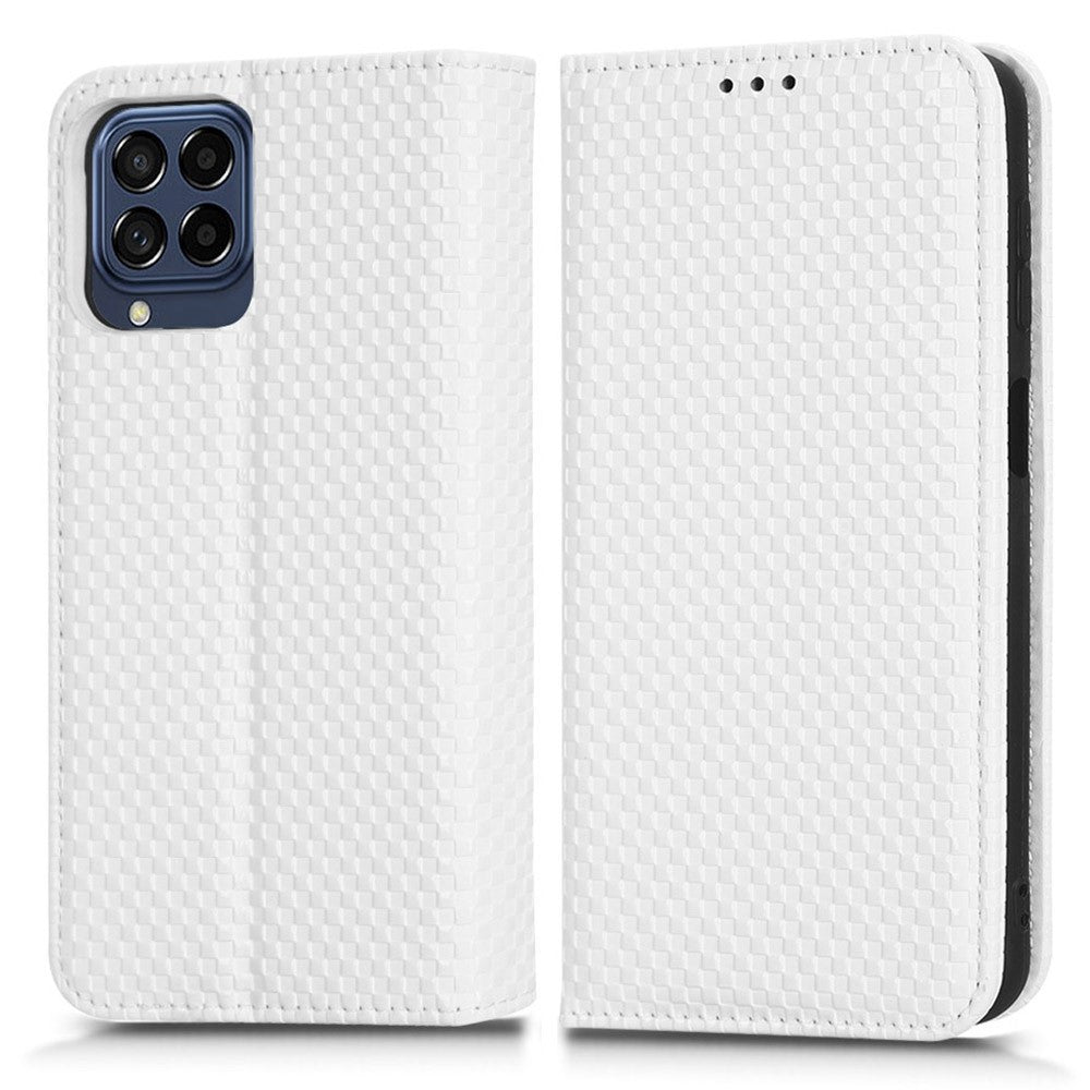 For Samsung Galaxy M53 5G PU Leather Wallet Case Magnetic Absorption Grid Texture Flip Folio Stand Phone Cover - White