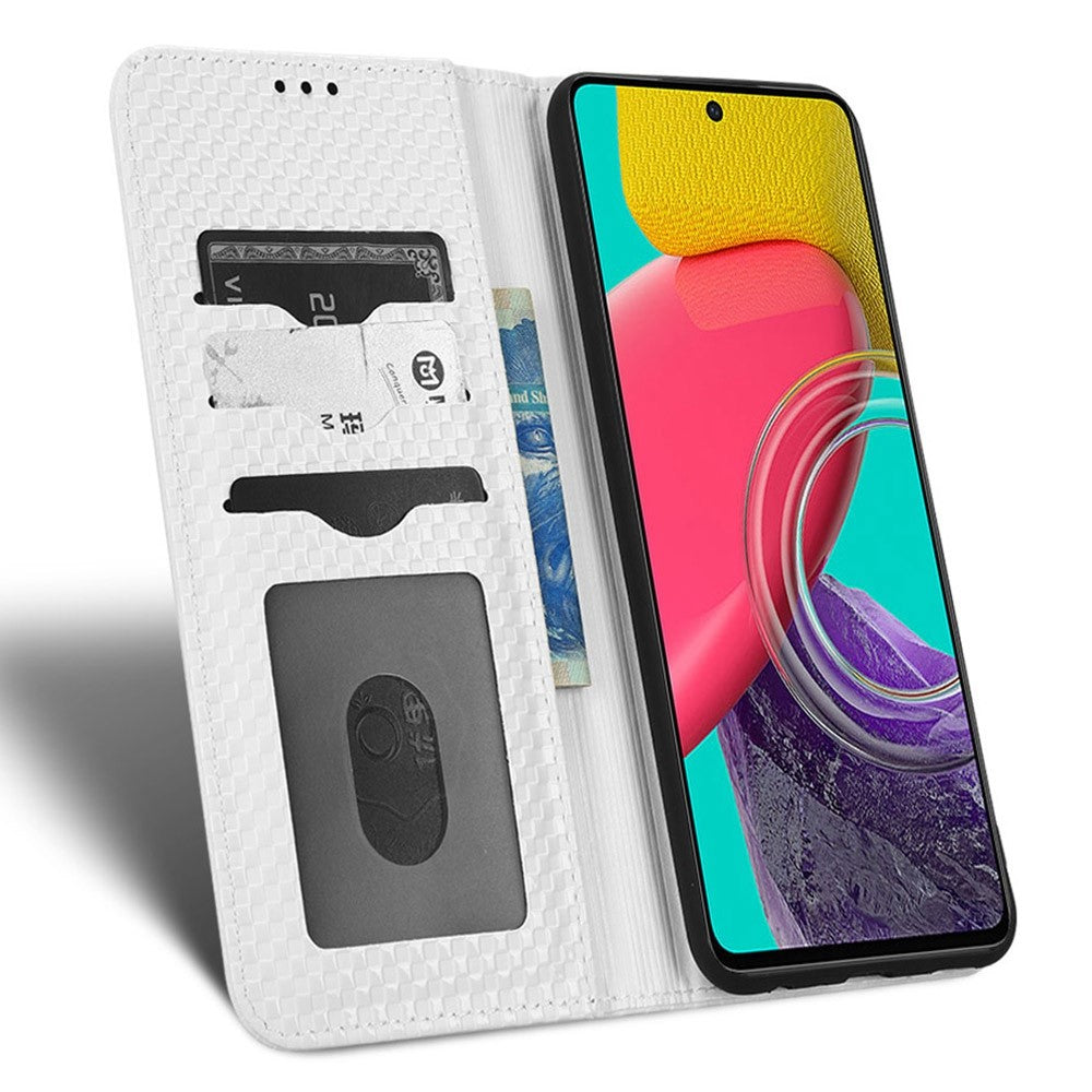 For Samsung Galaxy M53 5G PU Leather Wallet Case Magnetic Absorption Grid Texture Flip Folio Stand Phone Cover - White