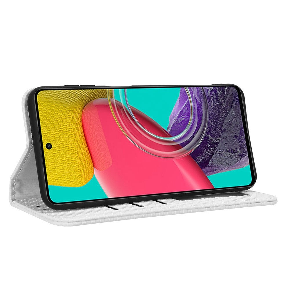 For Samsung Galaxy M53 5G PU Leather Wallet Case Magnetic Absorption Grid Texture Flip Folio Stand Phone Cover - White