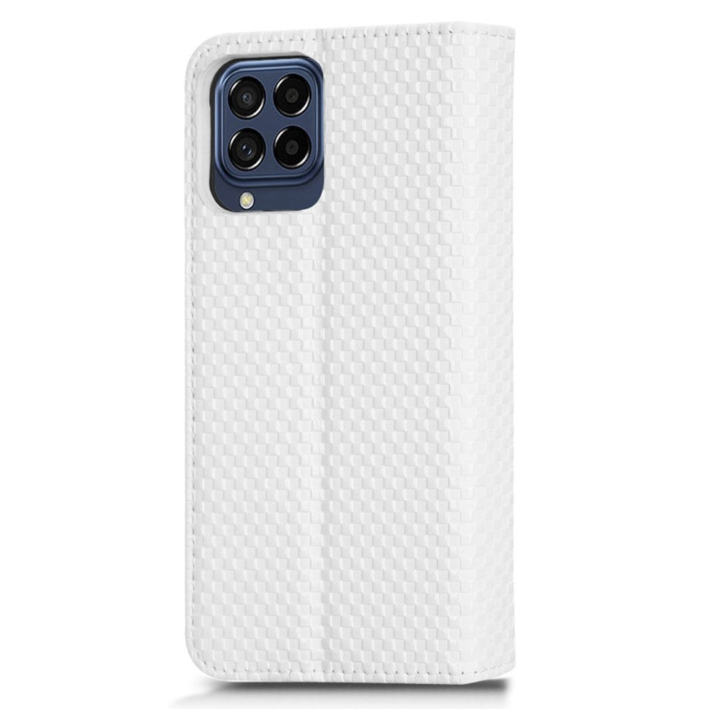 For Samsung Galaxy M53 5G PU Leather Wallet Case Magnetic Absorption Grid Texture Flip Folio Stand Phone Cover - White