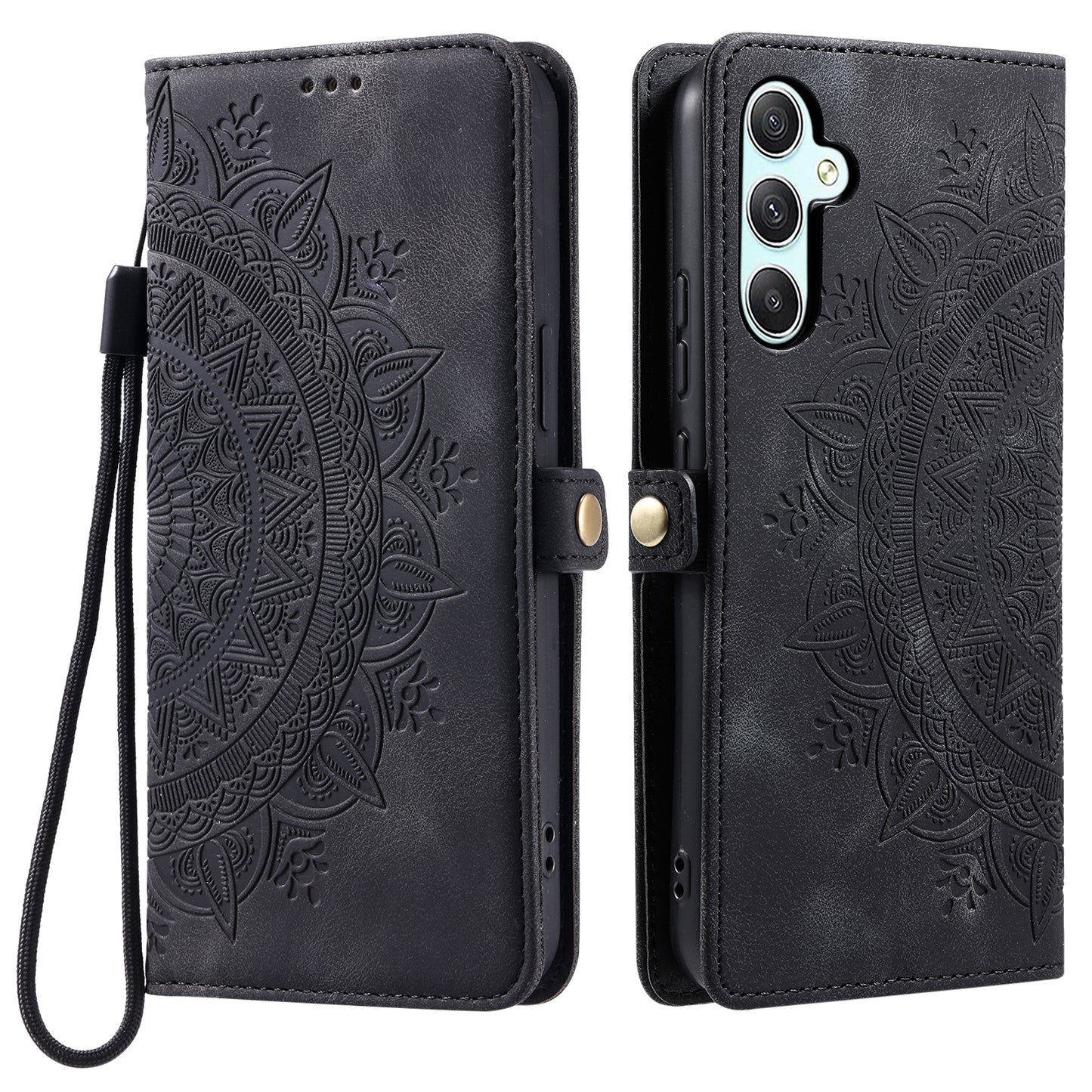 Style 016 For Samsung Galaxy A16 5G / A16 4G Case Skin Feel Totem Imprinted Wallet Leather Phone Cover - Black