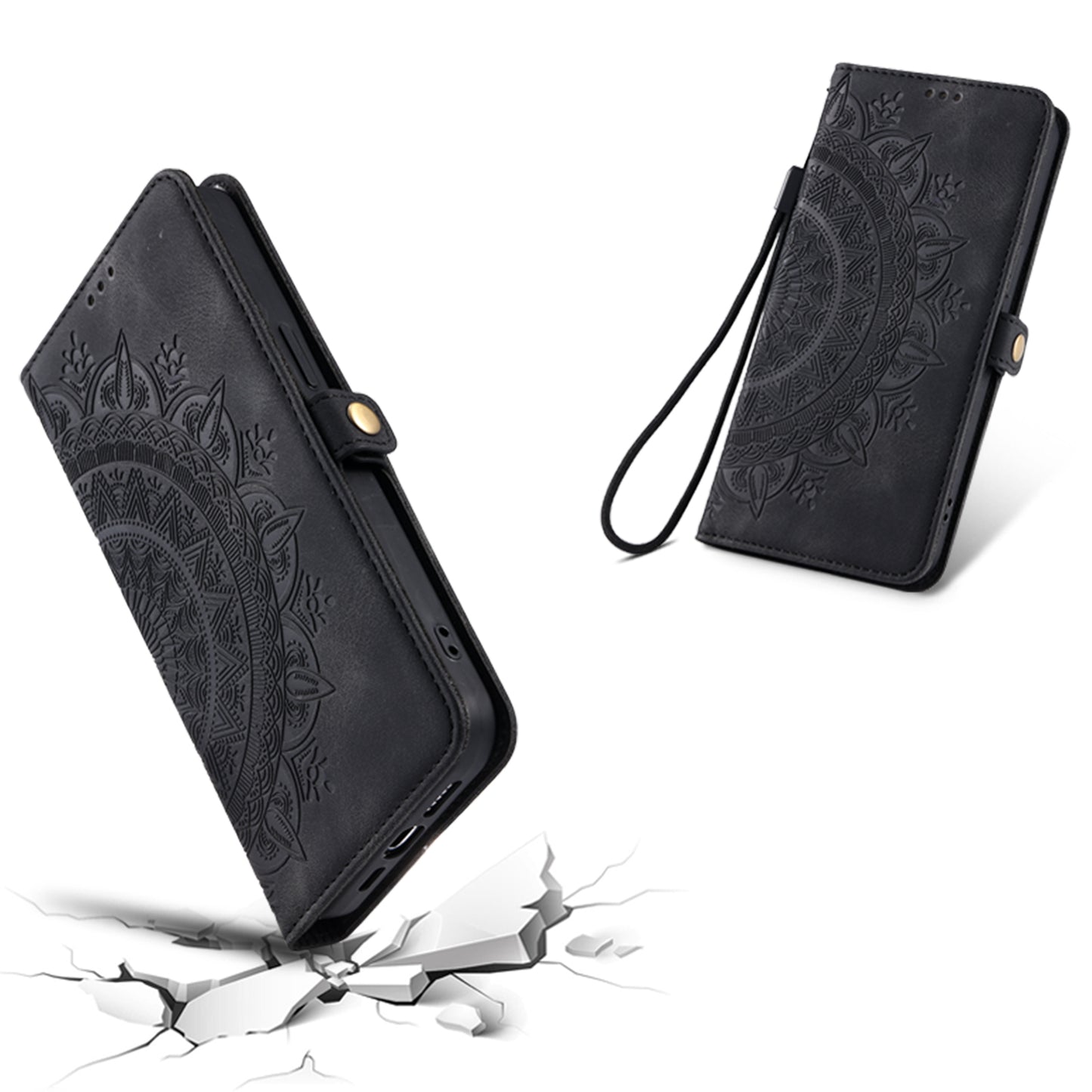 Style 016 For Samsung Galaxy A16 5G / A16 4G Case Skin Feel Totem Imprinted Wallet Leather Phone Cover - Black