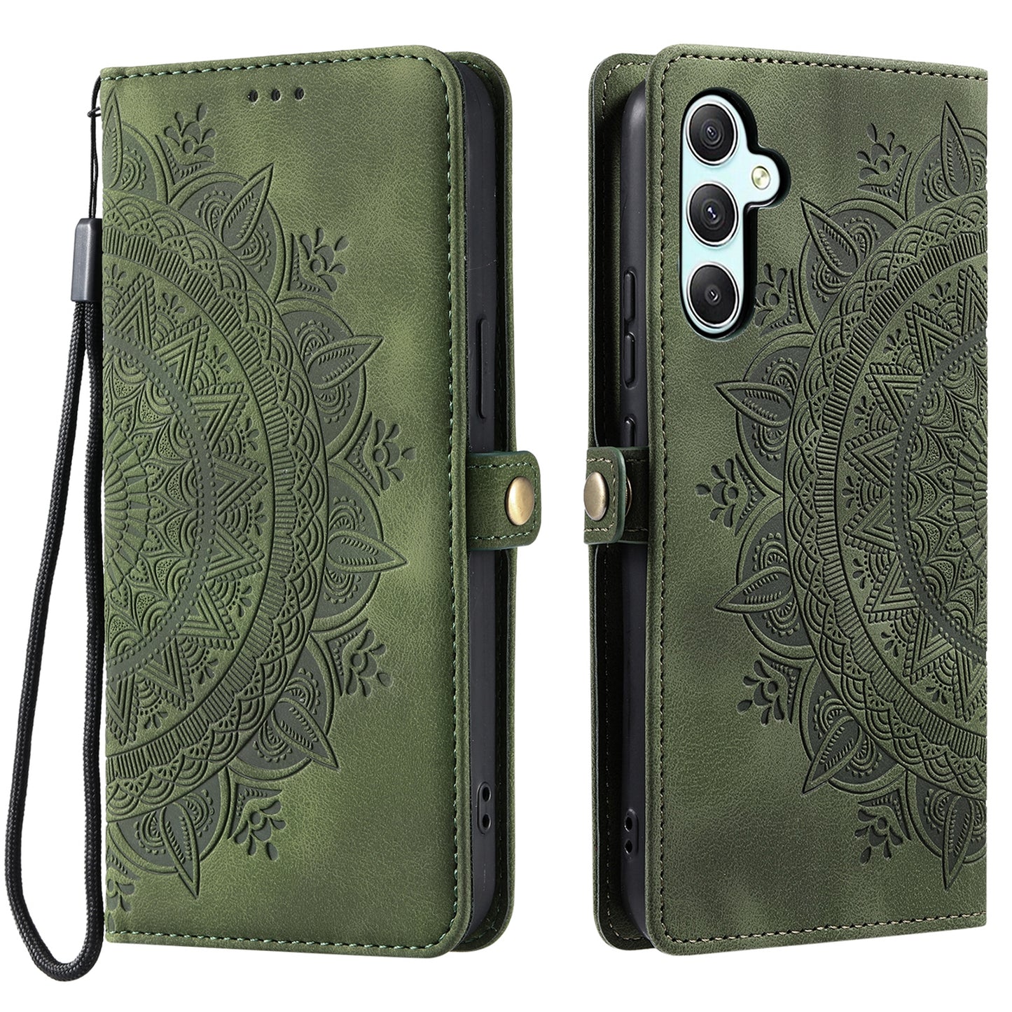 Style 016 For Samsung Galaxy A16 5G / A16 4G Case Skin Feel Totem Imprinted Wallet Leather Phone Cover - Blackish Green