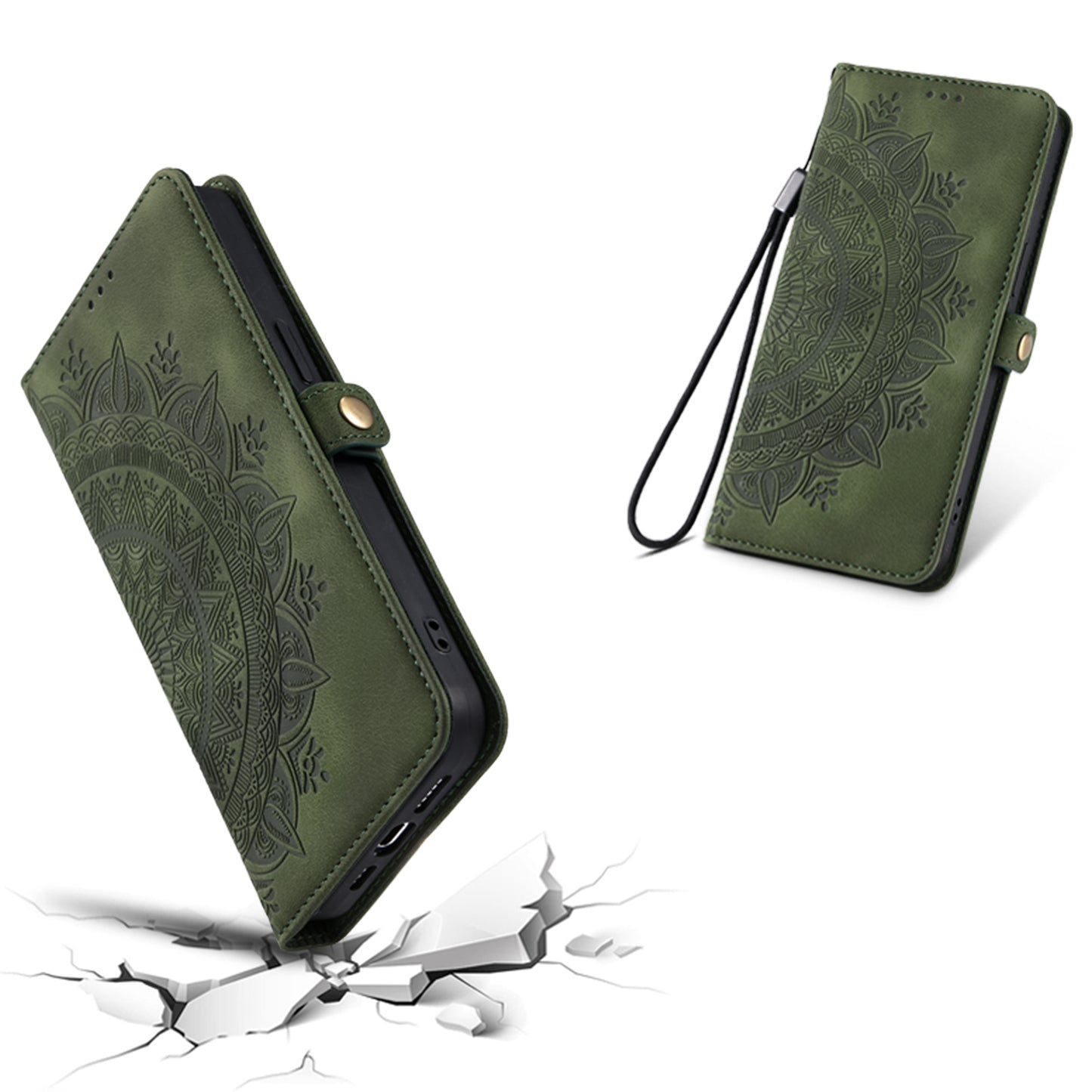 Style 016 For Samsung Galaxy A16 5G / A16 4G Case Skin Feel Totem Imprinted Wallet Leather Phone Cover - Blackish Green