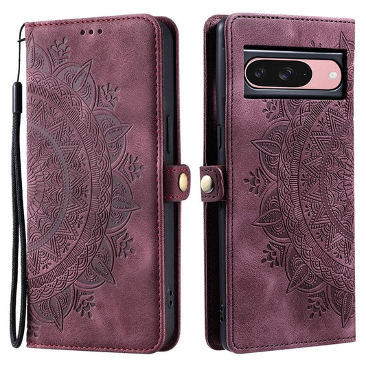 Style 016 For Google Pixel 9 Pro / Pixel 9 Case Skin Feel Totem Imprinted Wallet Leather Phone Cover - Wine Red