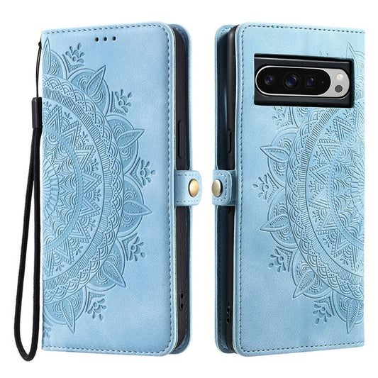 Style 016 For Google Pixel 9 Pro XL Case Skin Feel Totem Imprinted Wallet Leather Phone Cover - Lake Blue
