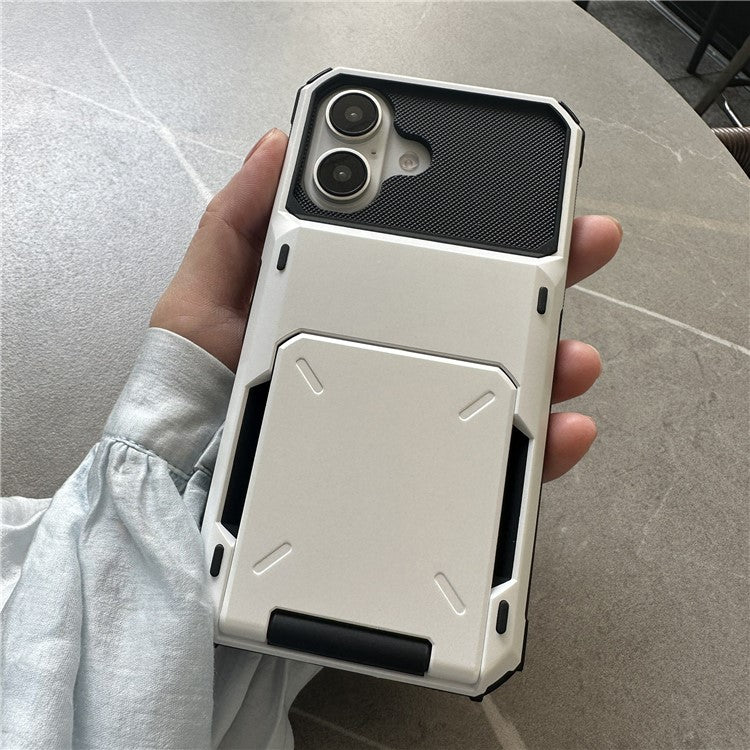 For iPhone 16 Plus Case PC+TPU Dual Layer Back Phone Cover with Card Holder - White