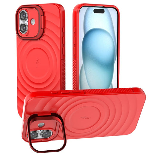 For iPhone 16 Plus Magnetic Case PC Kickstand Ripple Texture TPU Phone Cover - Red