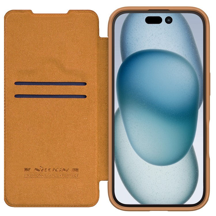 NILLKIN Qin Prop Series for iPhone 16 Pro Leather Case Lens Kickstand Phone Cover - Brown