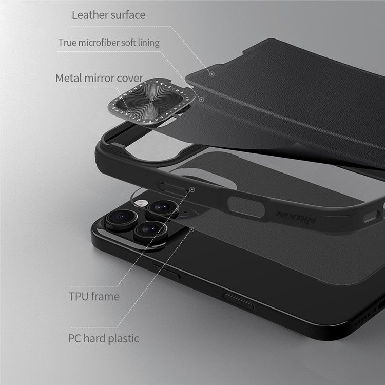 NILLKIN Qin Prop Series for iPhone 16 Pro Leather Case Lens Kickstand Phone Cover - Brown