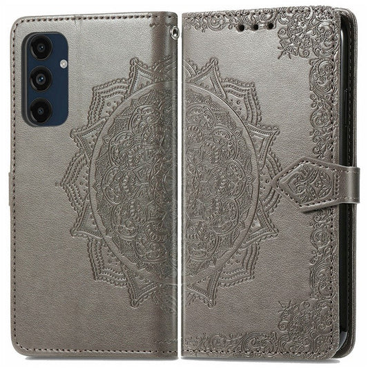 For Samsung Galaxy S24 FE Case Mandala Embossed Design Leather Wallet Phone Cover - Grey