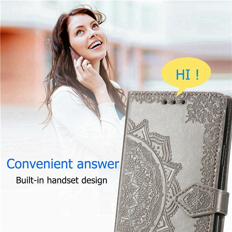 For Samsung Galaxy S24 FE Case Mandala Embossed Design Leather Wallet Phone Cover - Grey