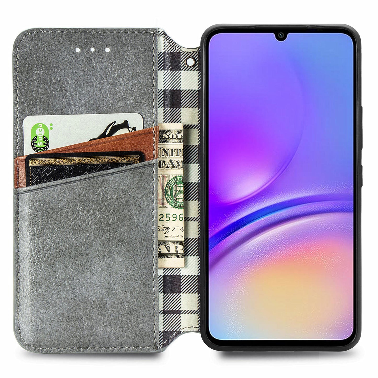 For Samsung Galaxy A06 Case Rhombus Imprint PU Leather Wallet Phone Cover - Grey