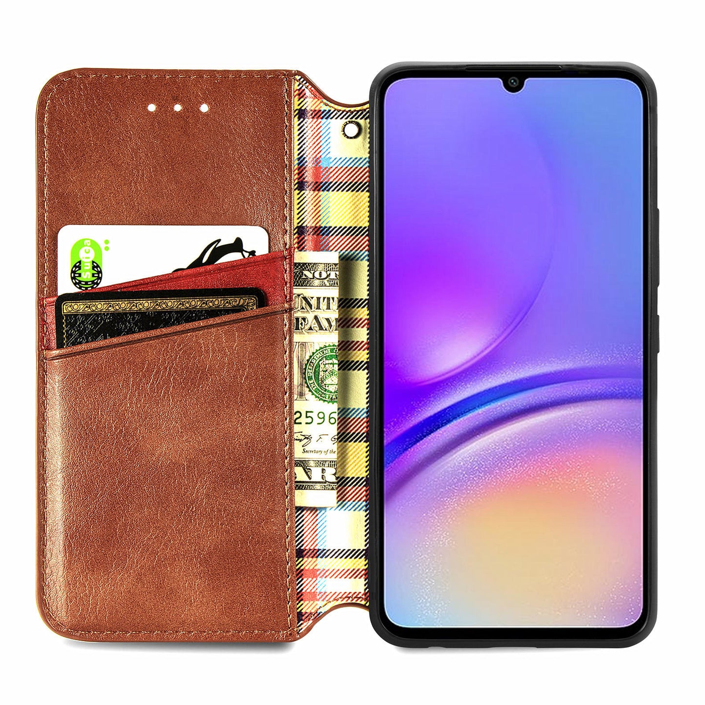 For Samsung Galaxy A06 Case Rhombus Imprint PU Leather Wallet Phone Cover - Brown