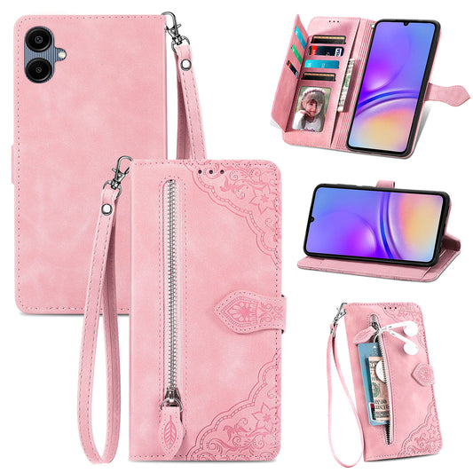 For Samsung Galaxy A06 Case Zipper Wallet PU Leather Flower Imprint Phone Cover - Pink