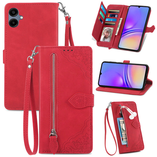 For Samsung Galaxy A06 Case Zipper Wallet PU Leather Flower Imprint Phone Cover - Red