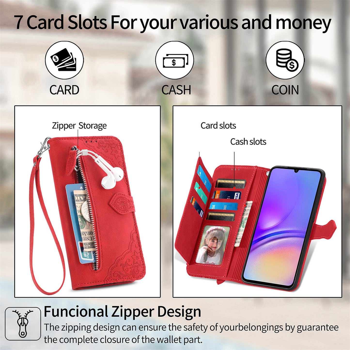 For Samsung Galaxy A06 Case Zipper Wallet PU Leather Flower Imprint Phone Cover - Red