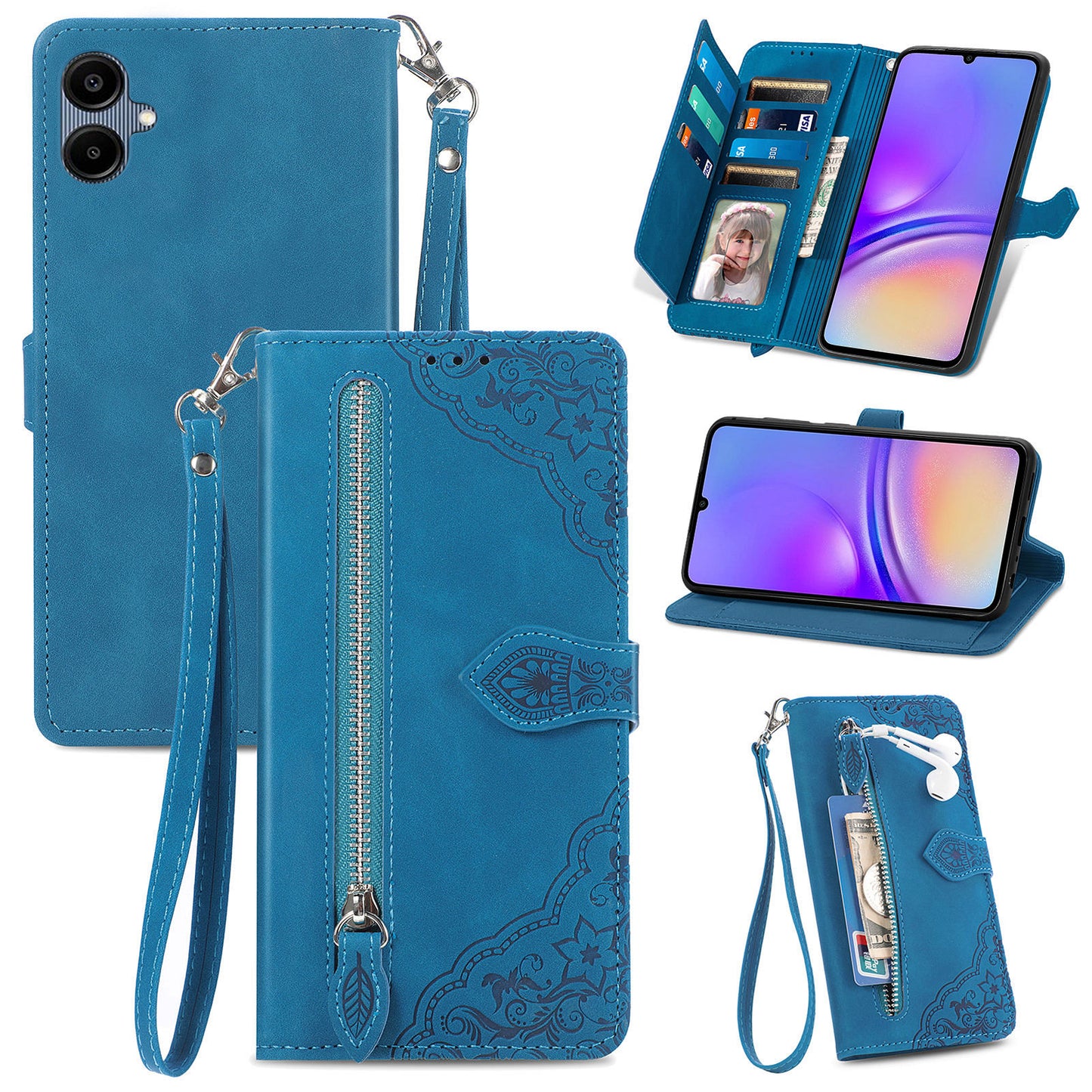 For Samsung Galaxy A06 Case Zipper Wallet PU Leather Flower Imprint Phone Cover - Blue