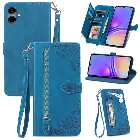 For Samsung Galaxy A06 Case Zipper Wallet PU Leather Flower Imprint Phone Cover - Blue