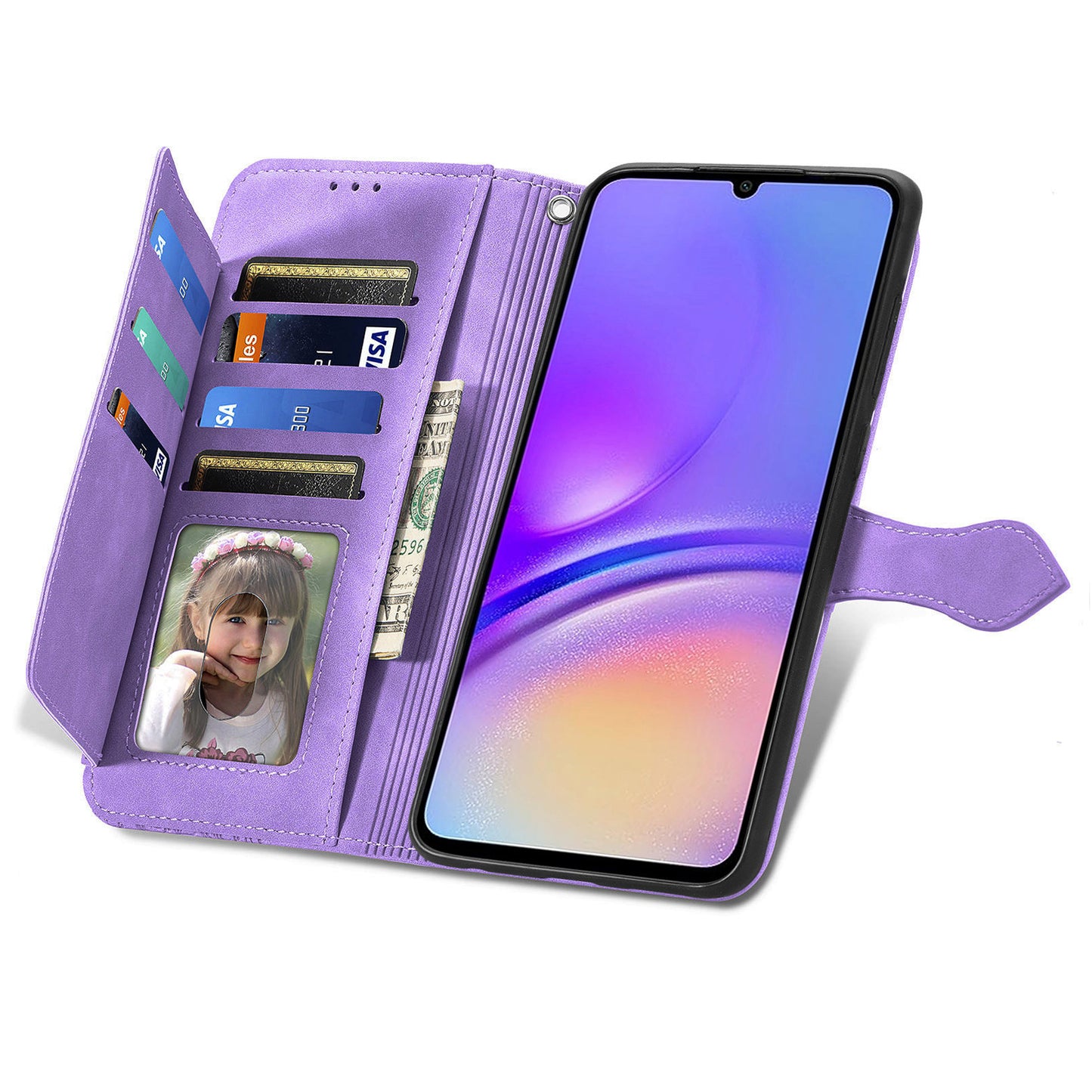 For Samsung Galaxy A06 Case Zipper Wallet PU Leather Flower Imprint Phone Cover - Light Purple