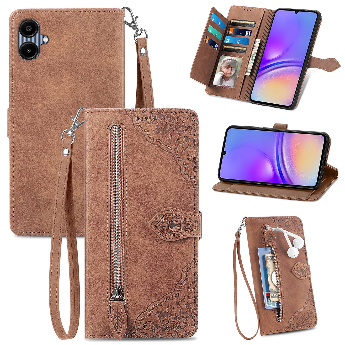 For Samsung Galaxy A06 Case Zipper Wallet PU Leather Flower Imprint Phone Cover - Brown