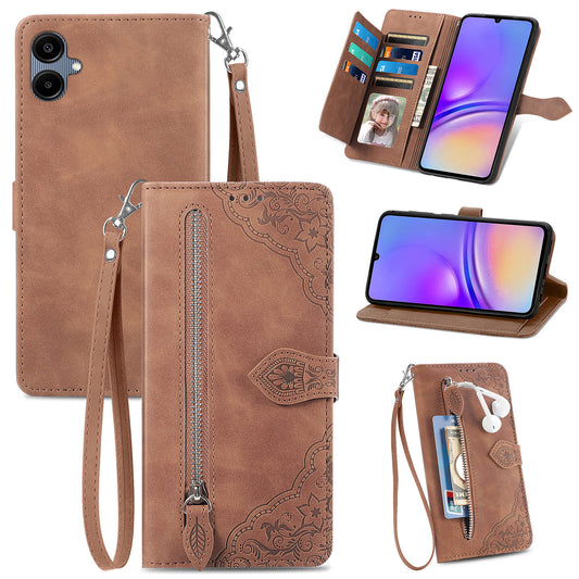For Samsung Galaxy A06 Case Zipper Wallet PU Leather Flower Imprint Phone Cover - Brown