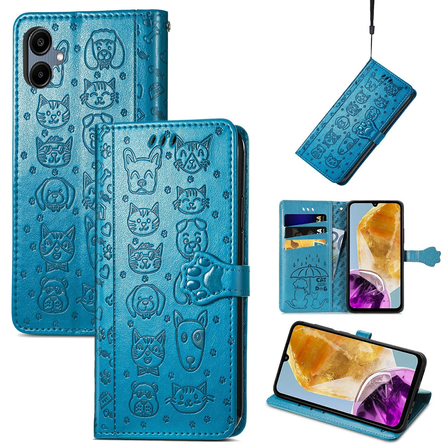 For Samsung Galaxy A06 Case Leather Wallet Flip Phone Cover Cute Cat Dog Pattern - Blue