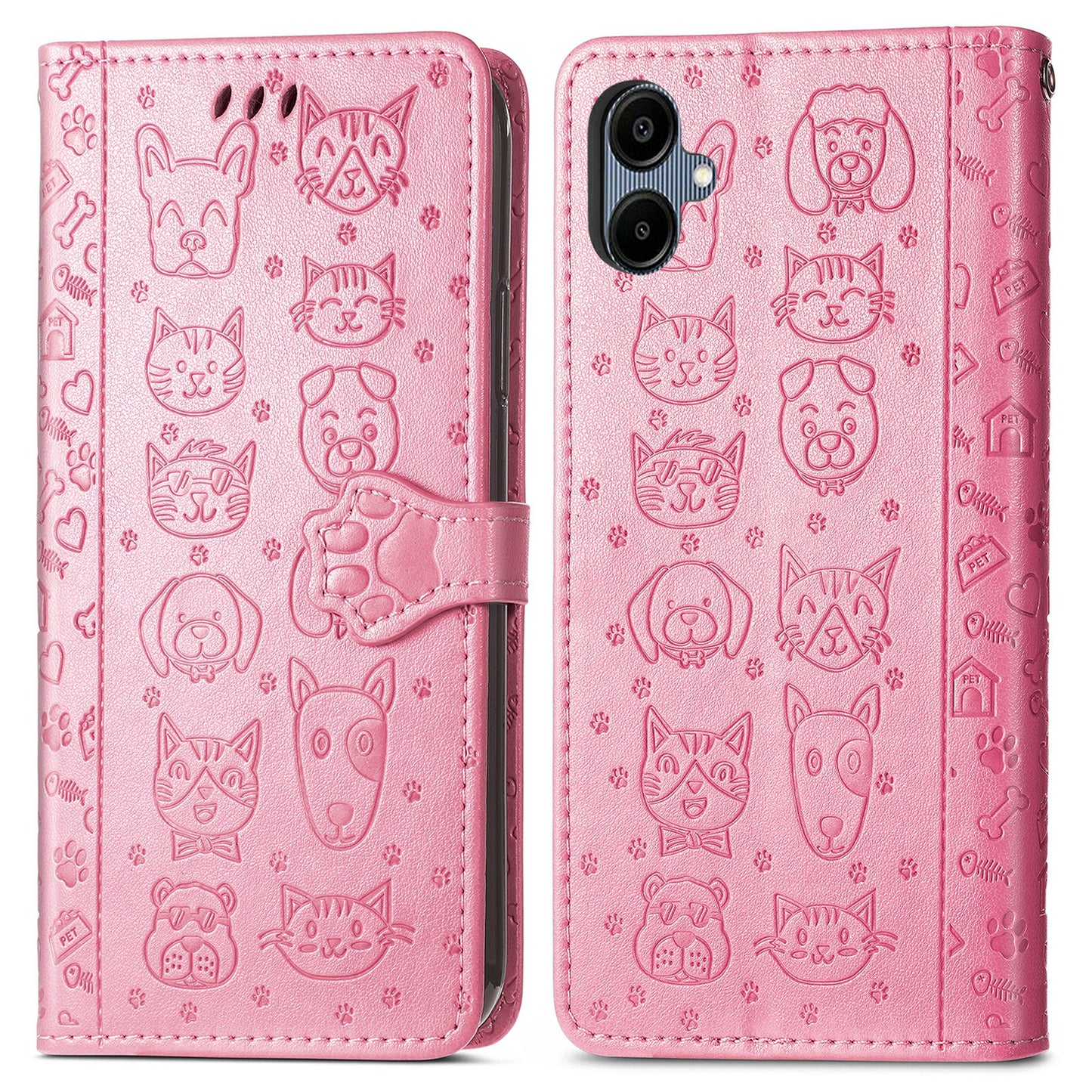 For Samsung Galaxy A06 Case Leather Wallet Flip Phone Cover Cute Cat Dog Pattern - Pink