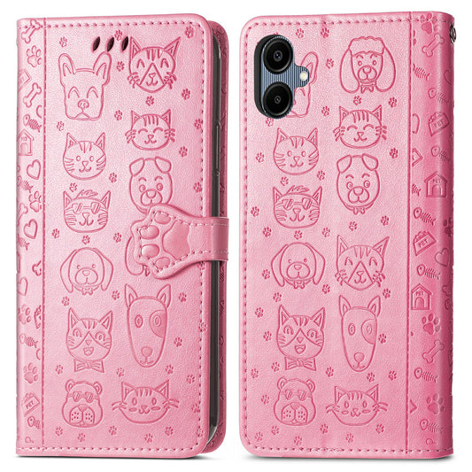 For Samsung Galaxy A06 Case Leather Wallet Flip Phone Cover Cute Cat Dog Pattern - Pink