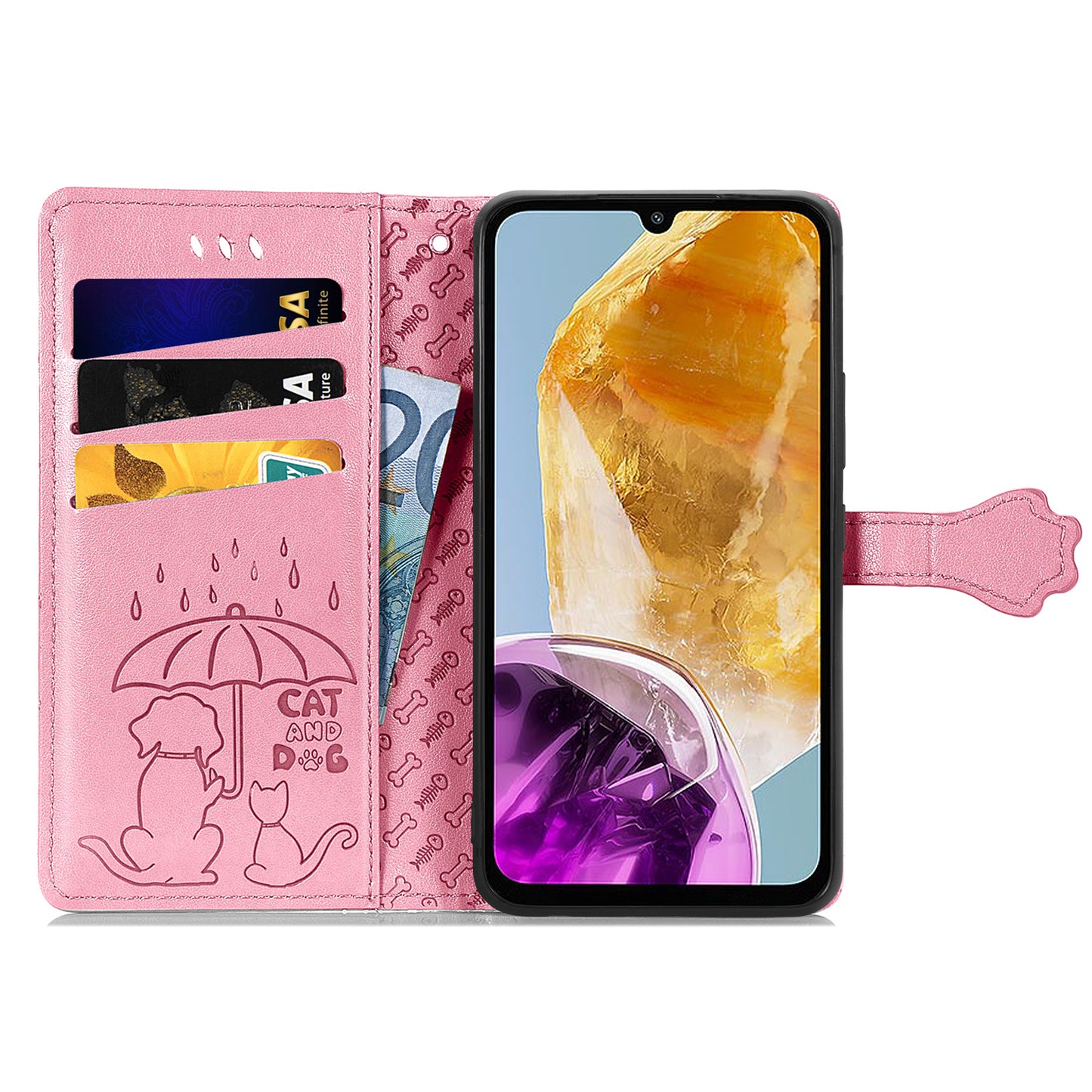 For Samsung Galaxy A06 Case Leather Wallet Flip Phone Cover Cute Cat Dog Pattern - Pink