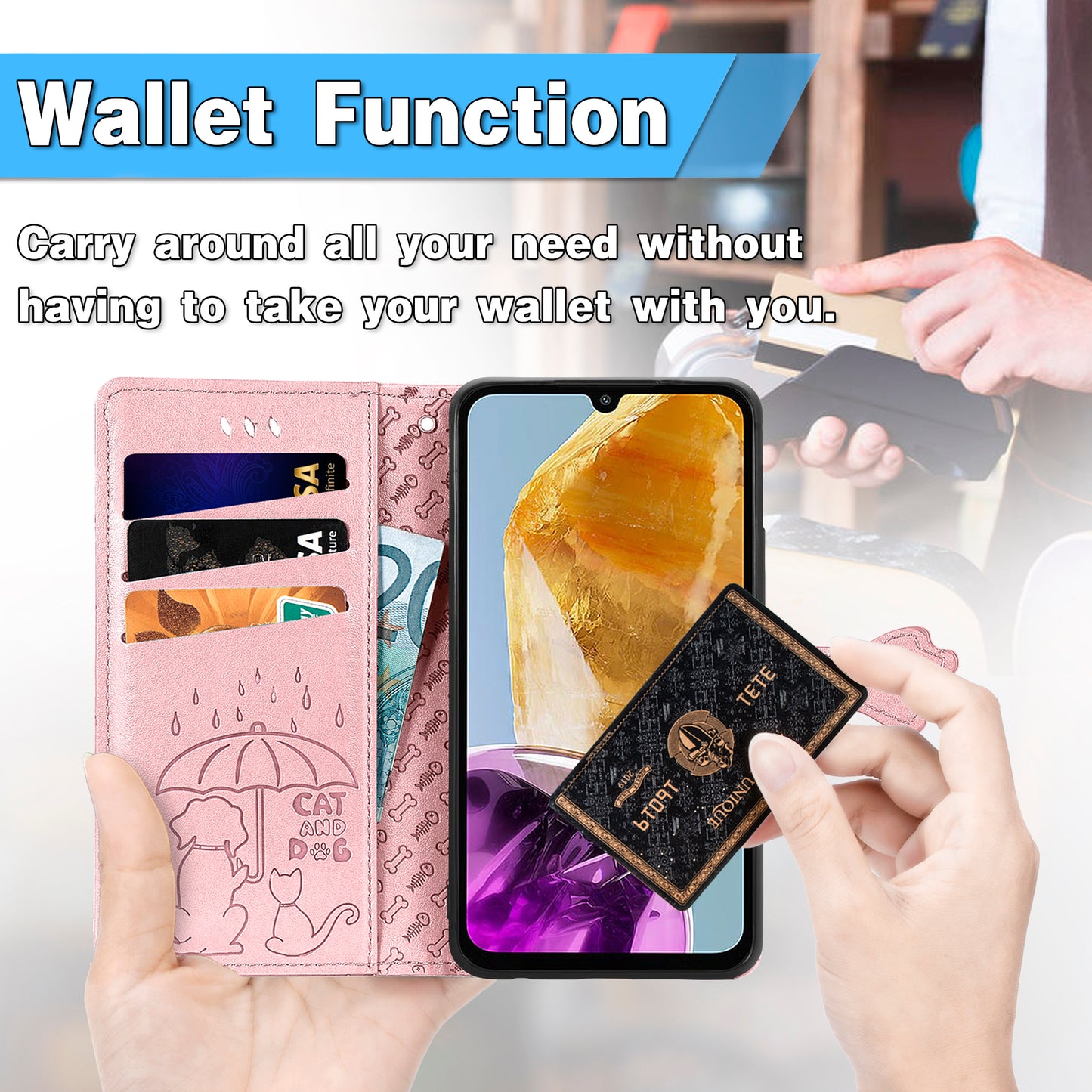 For Samsung Galaxy A06 Case Leather Wallet Flip Phone Cover Cute Cat Dog Pattern - Pink
