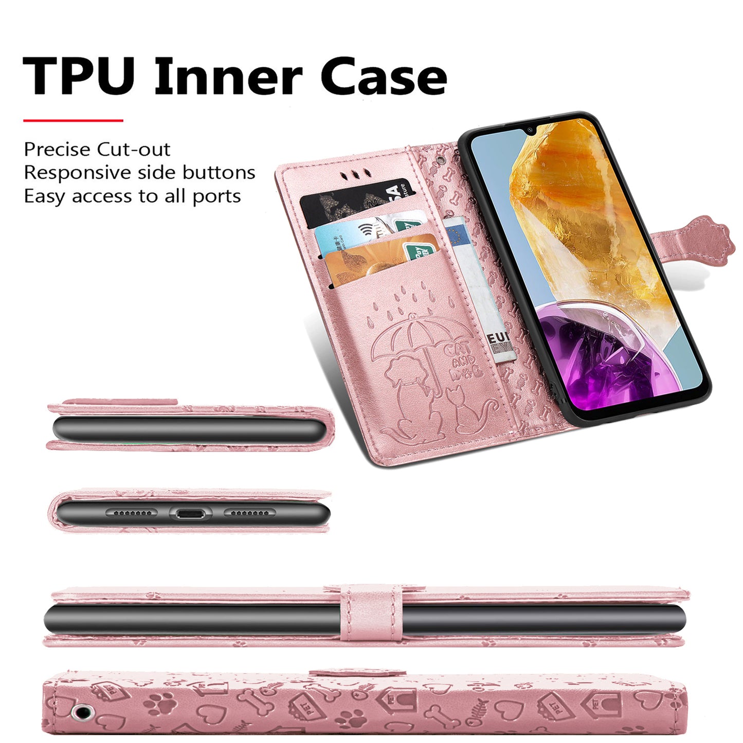 For Samsung Galaxy A06 Case Leather Wallet Flip Phone Cover Cute Cat Dog Pattern - Pink