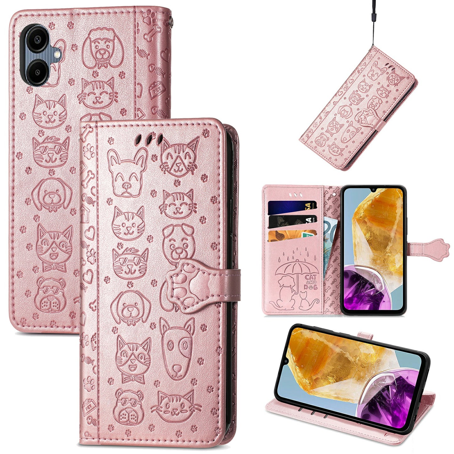 For Samsung Galaxy A06 Case Leather Wallet Flip Phone Cover Cute Cat Dog Pattern - Rose Gold