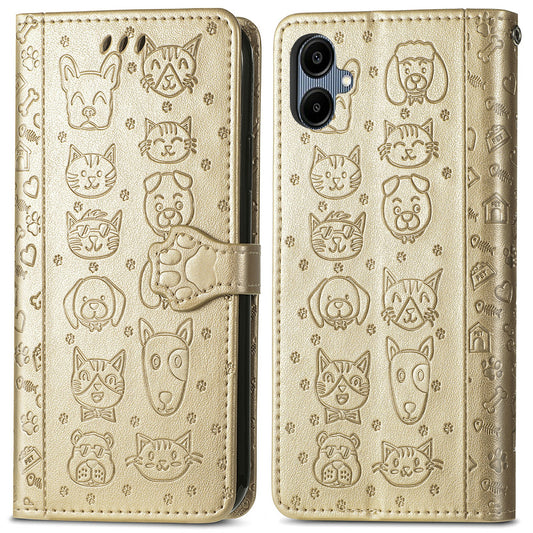 For Samsung Galaxy A06 Case Leather Wallet Flip Phone Cover Cute Cat Dog Pattern - Gold