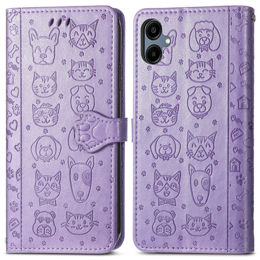 For Samsung Galaxy A06 Case Leather Wallet Flip Phone Cover Cute Cat Dog Pattern - Light Purple
