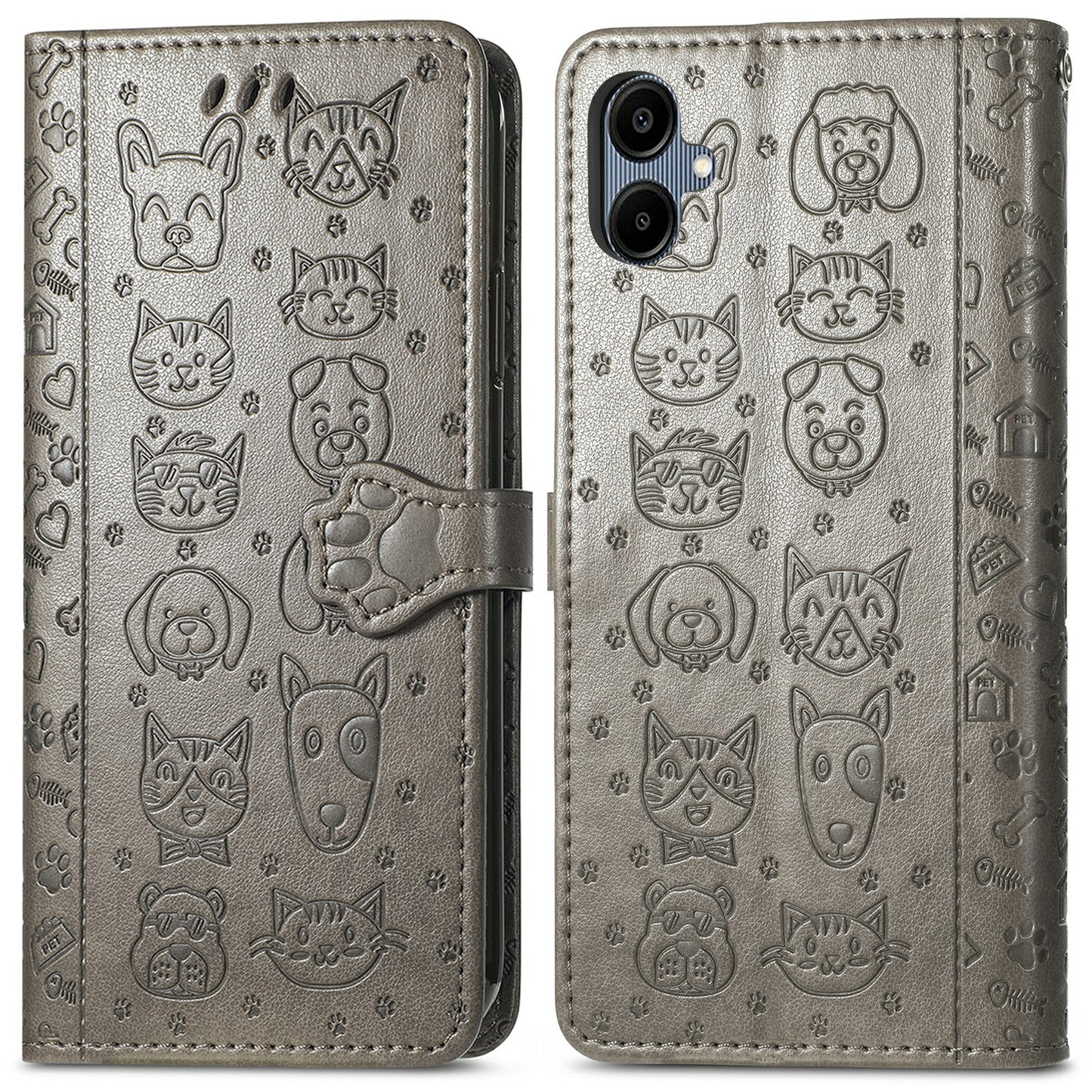 For Samsung Galaxy A06 Case Leather Wallet Flip Phone Cover Cute Cat Dog Pattern - Grey