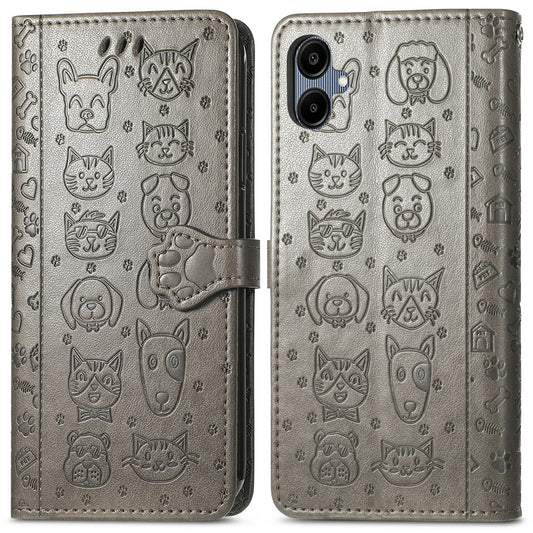 For Samsung Galaxy A06 Case Leather Wallet Flip Phone Cover Cute Cat Dog Pattern - Grey