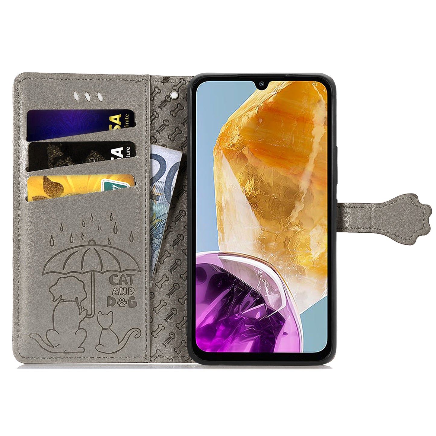 For Samsung Galaxy A06 Case Leather Wallet Flip Phone Cover Cute Cat Dog Pattern - Grey