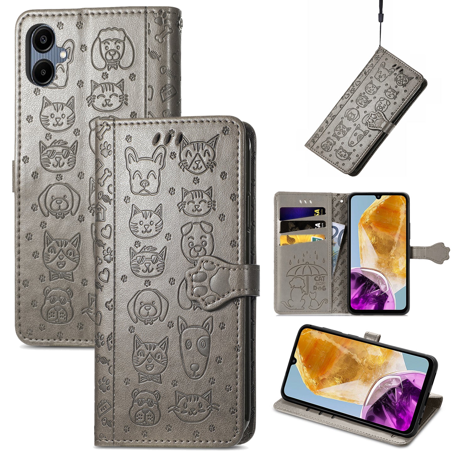 For Samsung Galaxy A06 Case Leather Wallet Flip Phone Cover Cute Cat Dog Pattern - Grey