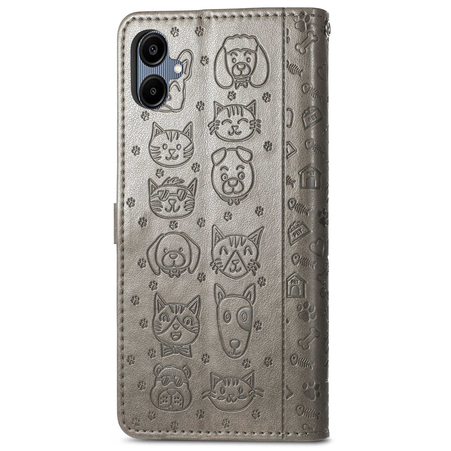 For Samsung Galaxy A06 Case Leather Wallet Flip Phone Cover Cute Cat Dog Pattern - Grey