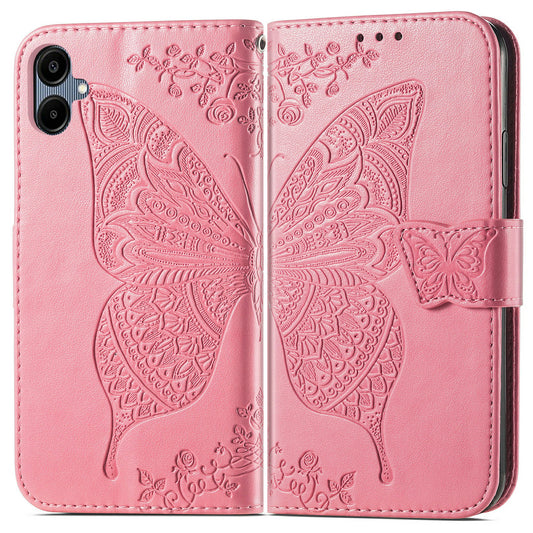 For Samsung Galaxy A06 Case PU Leather Wallet Phone Cover Butterfly Pattern - Pink