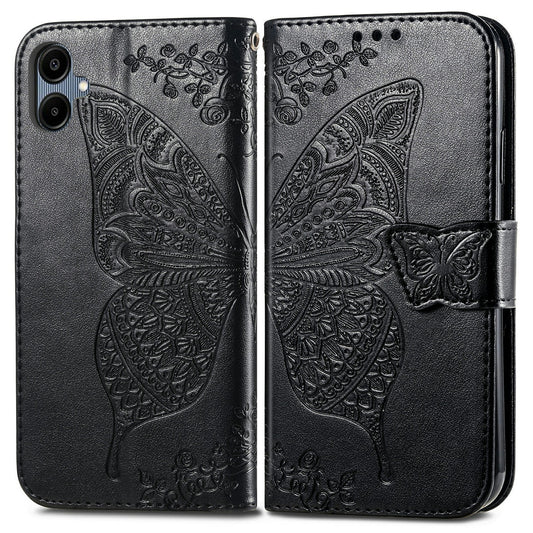 For Samsung Galaxy A06 Case PU Leather Wallet Phone Cover Butterfly Pattern - Black