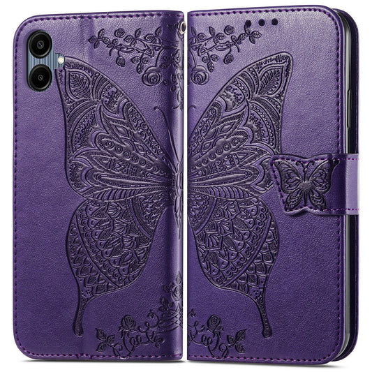 For Samsung Galaxy A06 Case PU Leather Wallet Phone Cover Butterfly Pattern - Dark Purple