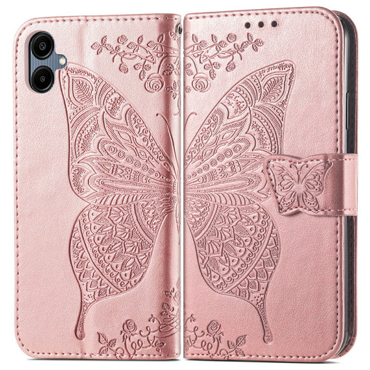 For Samsung Galaxy A06 Case PU Leather Wallet Phone Cover Butterfly Pattern - Rose Gold