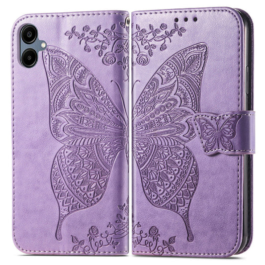 For Samsung Galaxy A06 Case PU Leather Wallet Phone Cover Butterfly Pattern - Light Purple