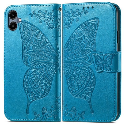 For Samsung Galaxy A06 Case PU Leather Wallet Phone Cover Butterfly Pattern - Blue