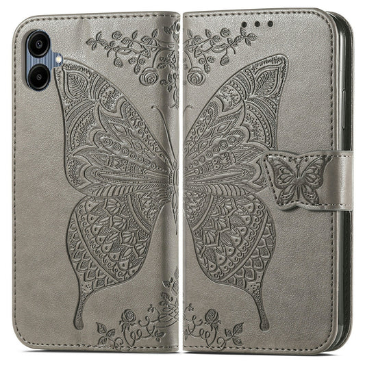For Samsung Galaxy A06 Case PU Leather Wallet Phone Cover Butterfly Pattern - Grey