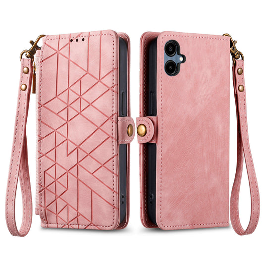 For Samsung Galaxy A06 Case Zipper Wallet Geometry Lines Leather Phone Cover - Pink