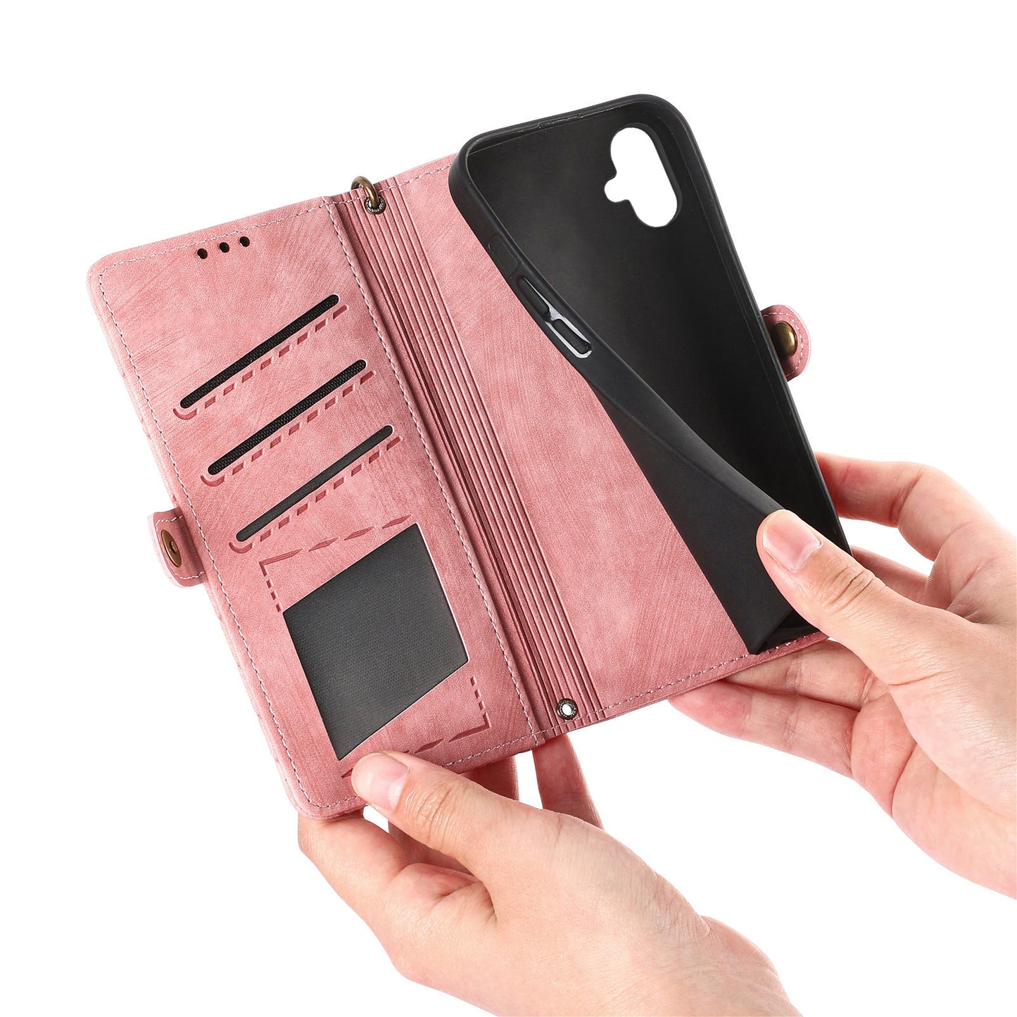 For Samsung Galaxy A06 Case Zipper Wallet Geometry Lines Leather Phone Cover - Pink